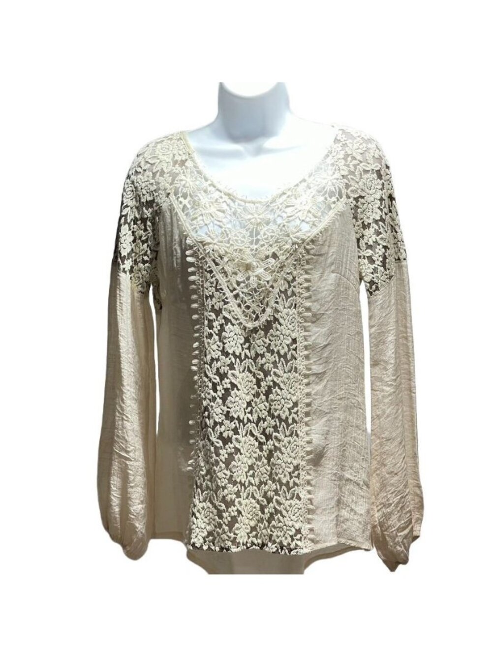 AReve Beige Lace Insert Long Sleeve Blouse With Crinkled Finish & Keyhole Detail